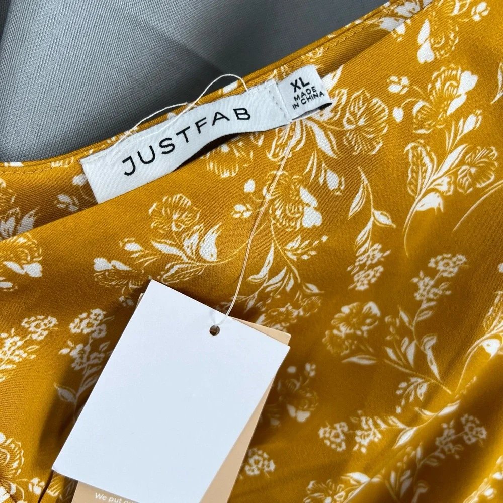 JustFab Dress Yellow Floral‎ Satin Y2K Maxi VNeck Wedding Beach Summer XL